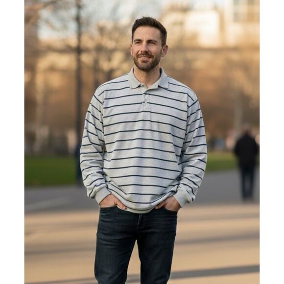 Vintage Eddie Bauer Rugby Shirt Men's MT Cream Green Stripe,Rugby 90s EUC - Picture 1 of 10